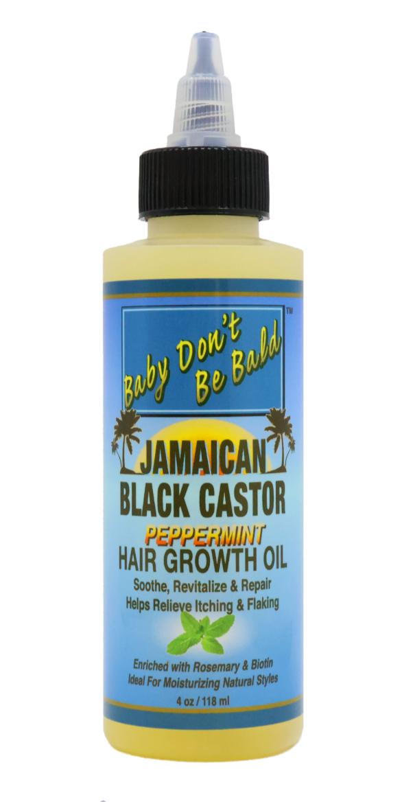 Bottle of Jamaican Black Castor Peppermint Hair Growth Oil with a blue label on a white background