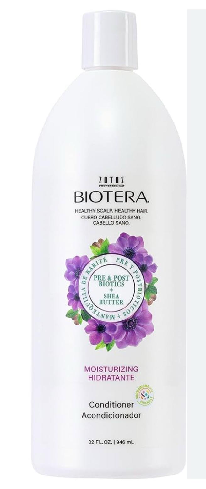 Biotera conditioner bottle with purple flowers on a white background