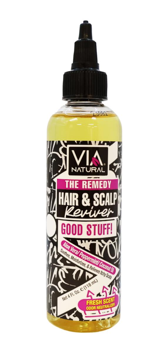 Bottle of VIA Natural hair and scalp reviver on a white background