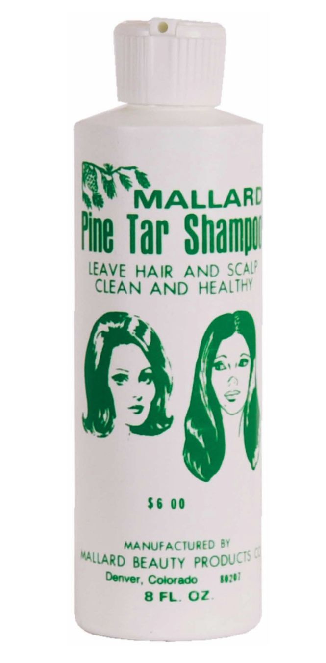 Mallard Pine Tar Shampoo bottle with two women's faces on a white background