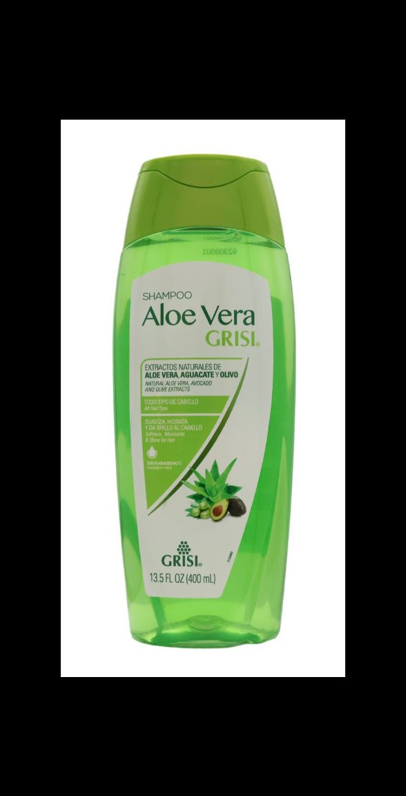 Green bottle of Aloe Vera Grisl shampoo on a white background