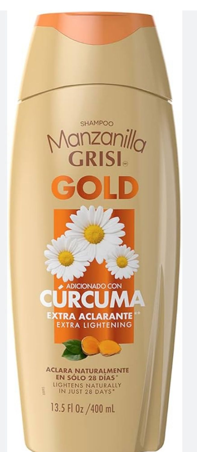 Manzanilla Grisi Gold shampoo bottle with daisy design on a white background