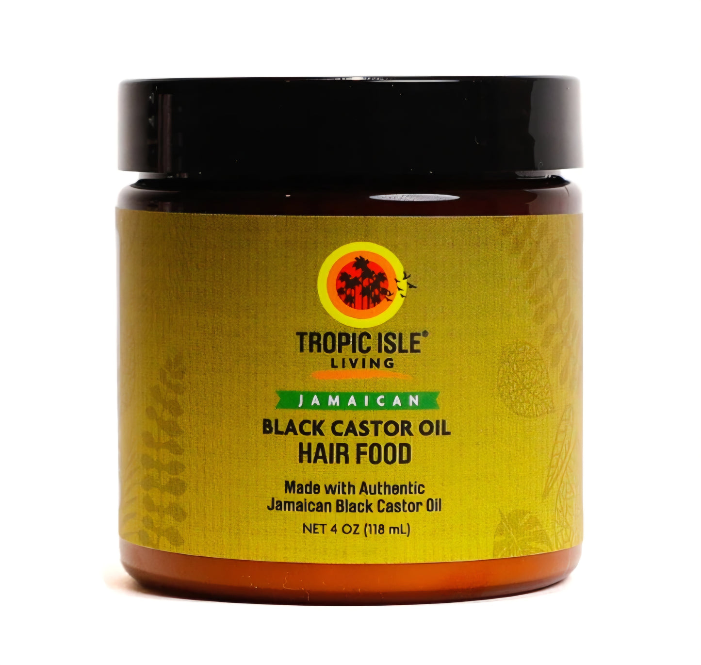 Jamaican Black Castor Oil Hair Food jar with Tropic Isle Living label on a white background