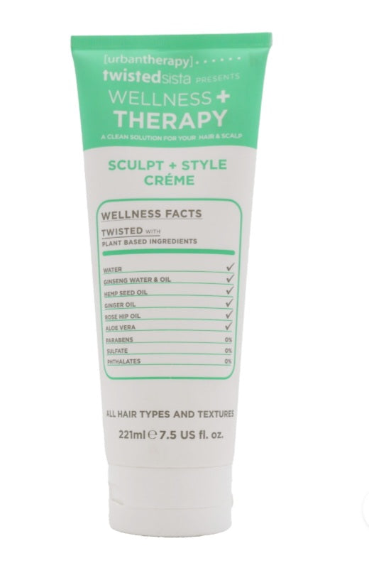 Tube of 'Wellness + Therapy' sculpt and style crème with green and white label on a white background