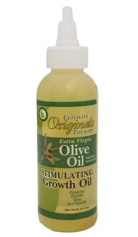 Bottle of olive oil stimulating growth oil with a green label on a white background