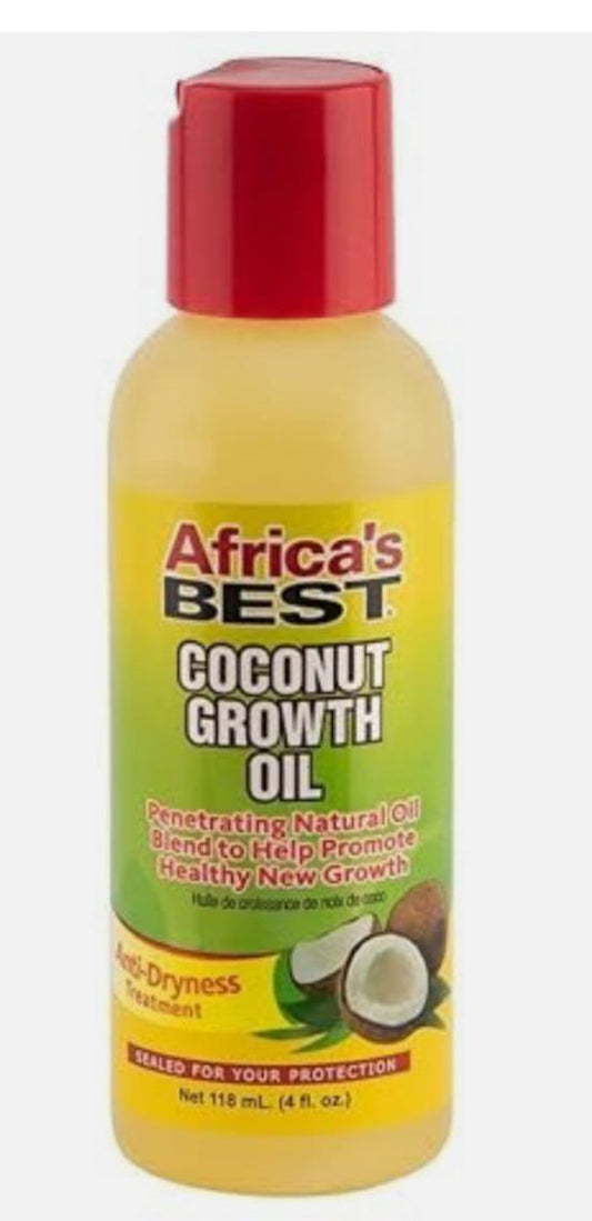 Bottle of Africa's Best Coconut Growth Oil with a red cap on a white  