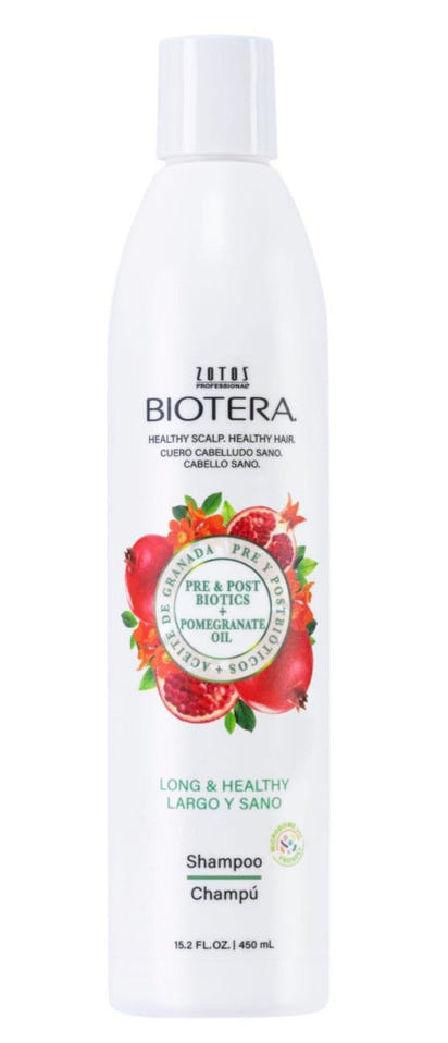 Biotera shampoo bottle with fruit graphics on a white background