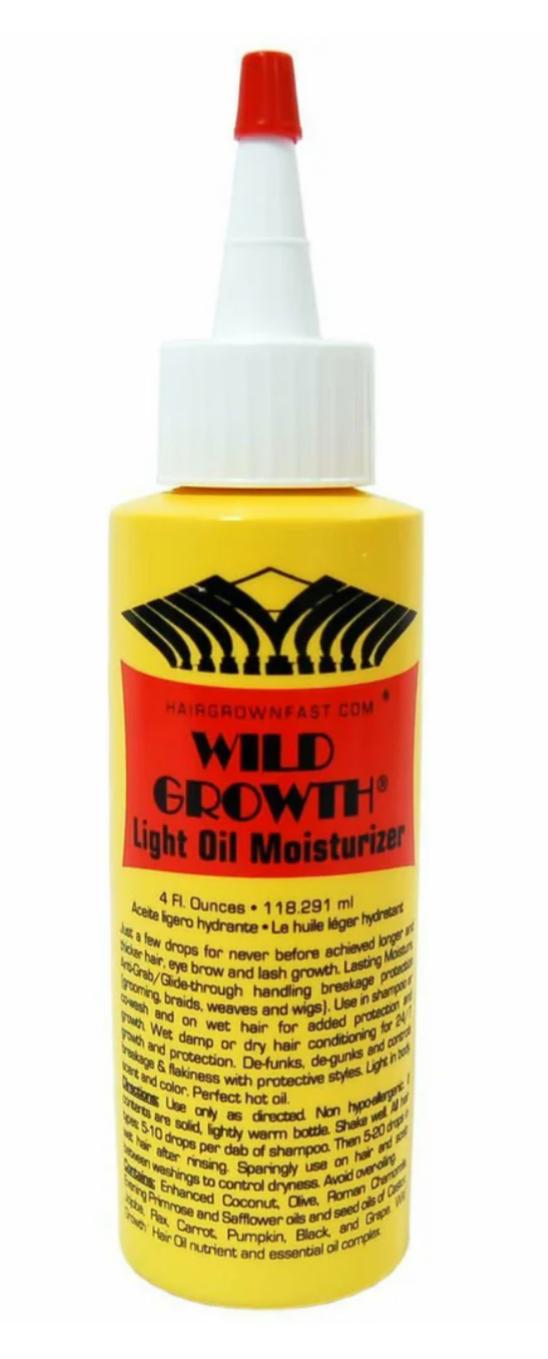 Bottle of Wild Growth Light Oil Moisturizer with yellow body and red cap on a white background