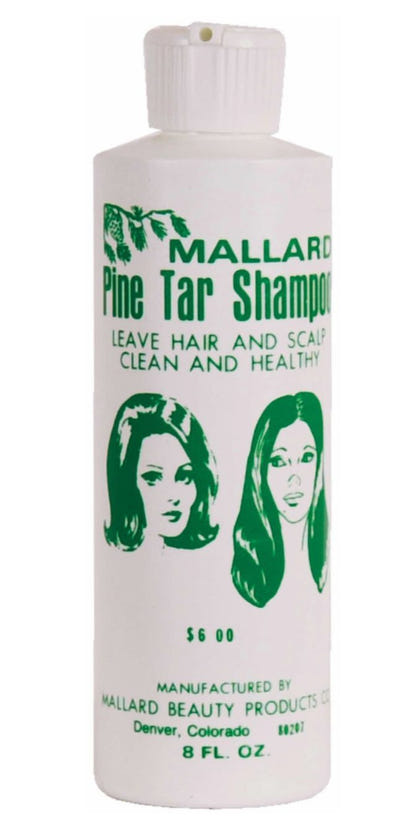 Mallard Pine Tar Shampoo bottle with two women's faces on a white background