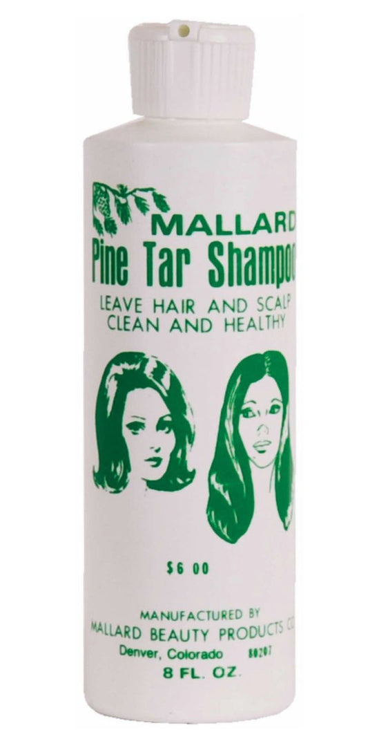 Mallard Pine Tar Shampoo bottle with two women's faces on a white background