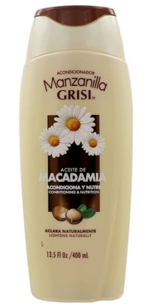 Manzanilla Grisi shampoo bottle with daisy and macadamia nut design on a white background