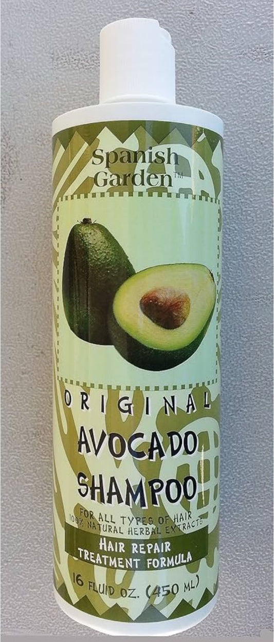 Spanish Garden Avocado Shampoo bottle on a gray background