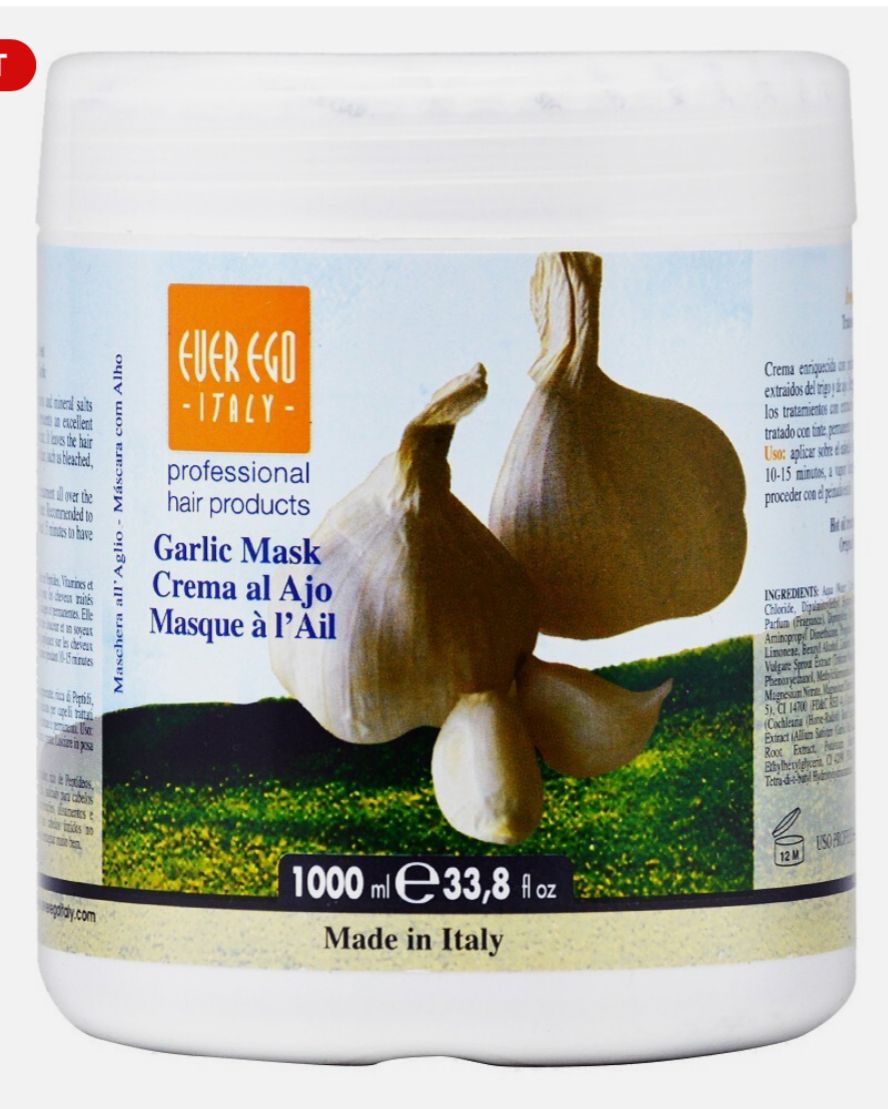 Garlic mask container with garlic bulbs on a white background