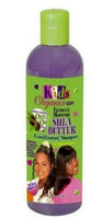 Shampoo bottle with green and purple label featuring two children with hair products.