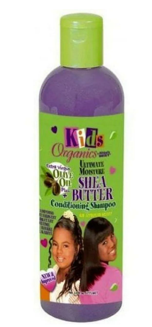 Shampoo bottle with green and purple label featuring two children with hair products.
