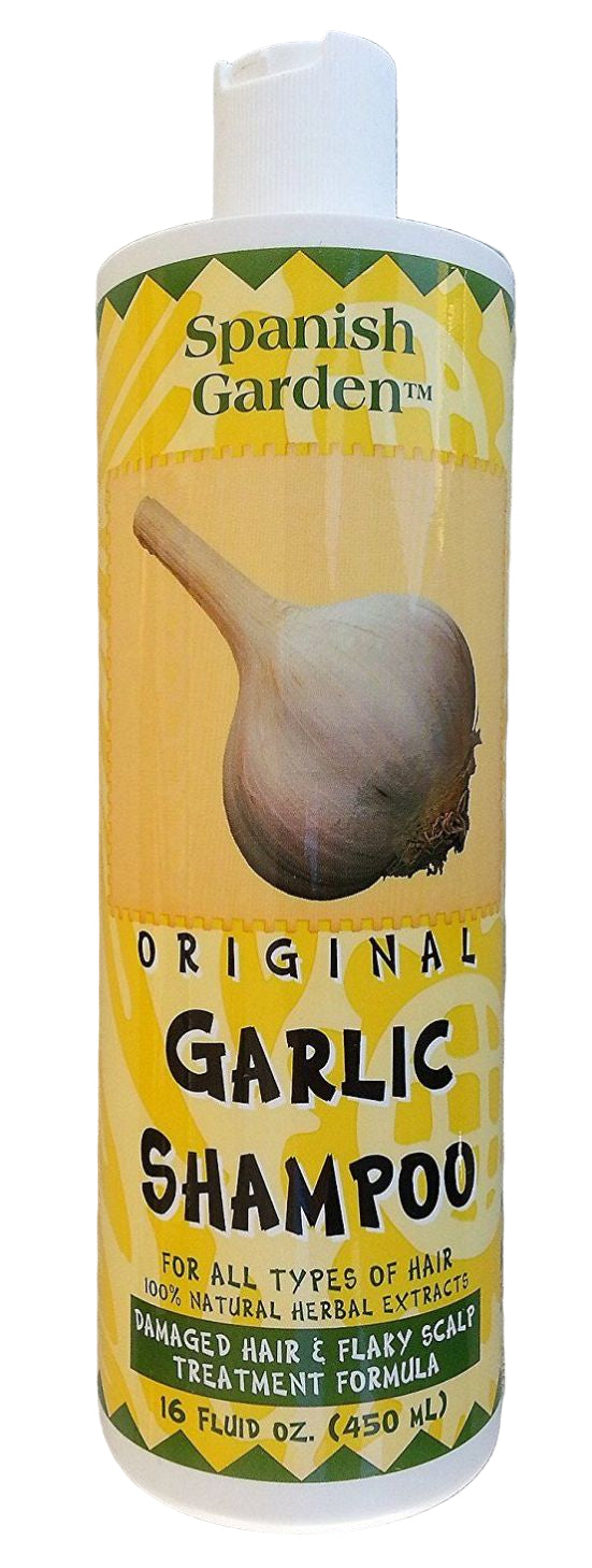 Spanish Garden Original Garlic Shampoo bottle on a gray background