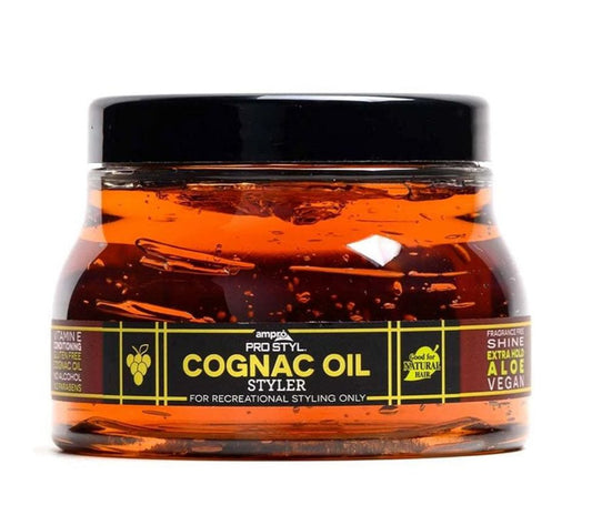 Jar of Cognac Oil Styler with a black lid on a white background