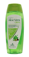 Green bottle of Aloe Vera Grisl shampoo on a white background