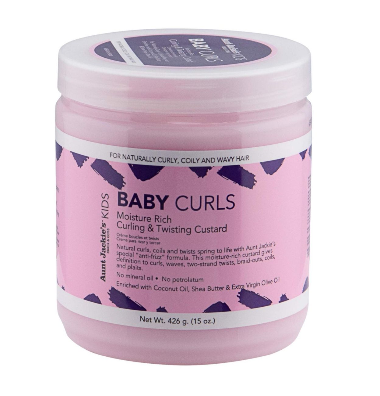 Pink jar of Aunt Jackie's Kids Baby Curls product on a white background