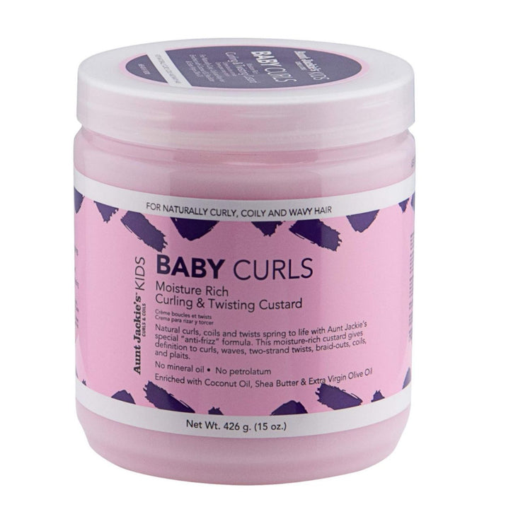 Pink jar of Aunt Jackie's Kids Baby Curls product on a white background