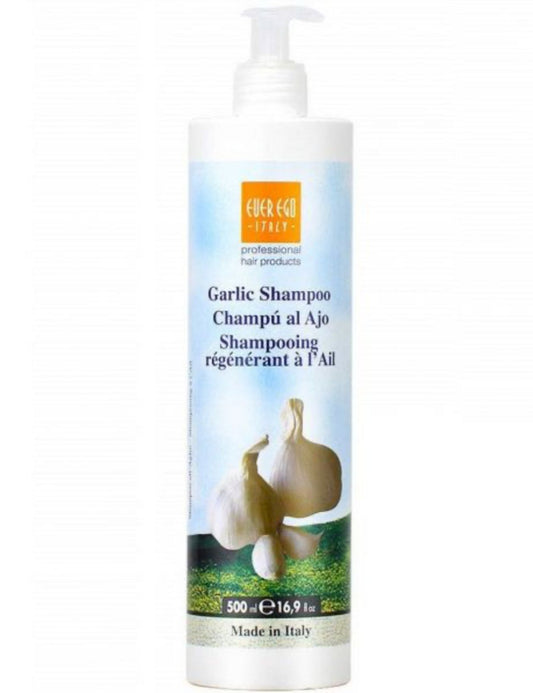 Garlic shampoo bottle with label on a white background