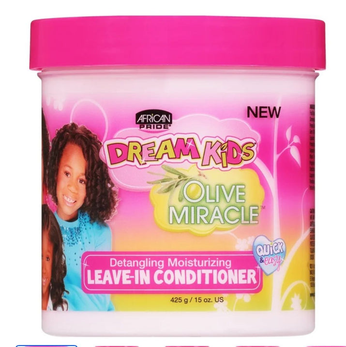 Dream Kids Olive Miracle leave-in conditioner jar with pink lid and label
