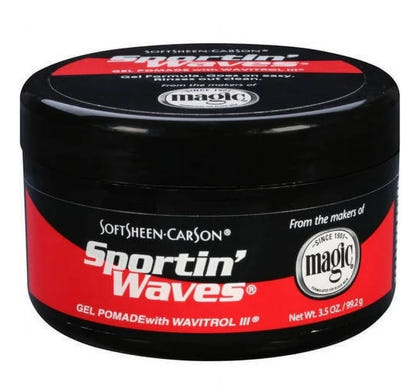 Jar of Softsheen-Carson Sportin' Waves gel pomade with Wavitrol III on a white background