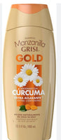 Manzanilla Grisi Gold shampoo bottle with daisy design on a white background