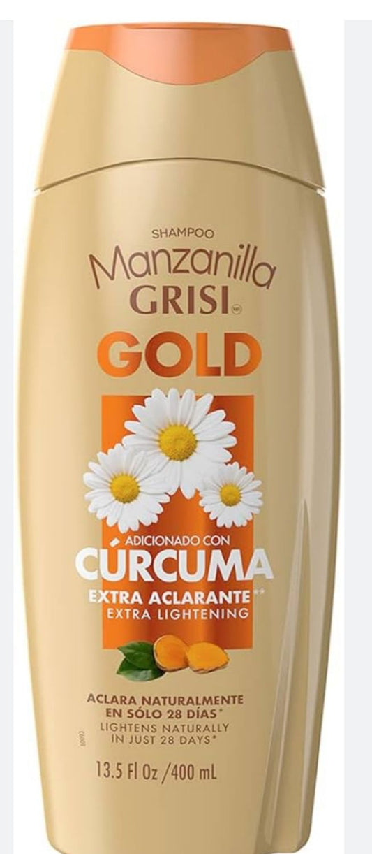 Manzanilla Grisi Gold shampoo bottle with daisy design on a white background