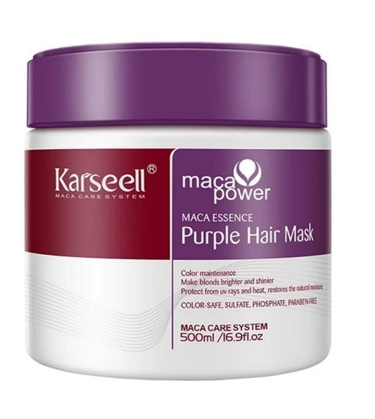 Karseell Maca Power Purple Hair Mask jar with purple lid on a white background