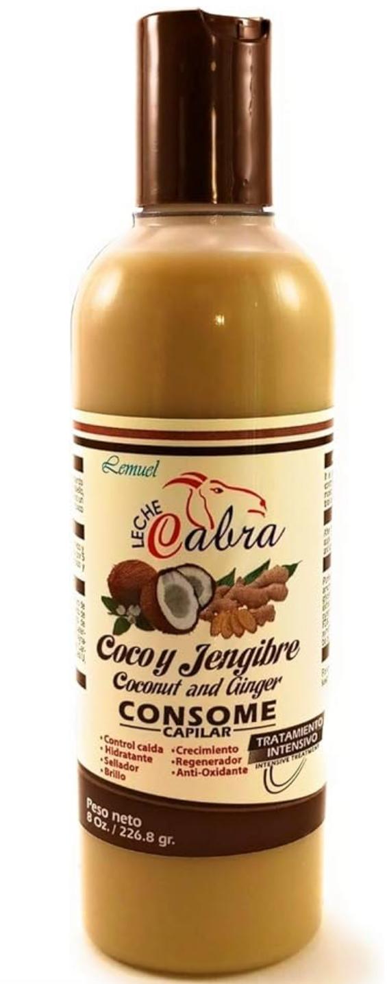 Bottle of Leche de Cabra coconut and ginger consomé on a white background