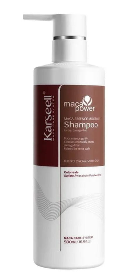 Kansell shampoo bottle with maca power label on a white background