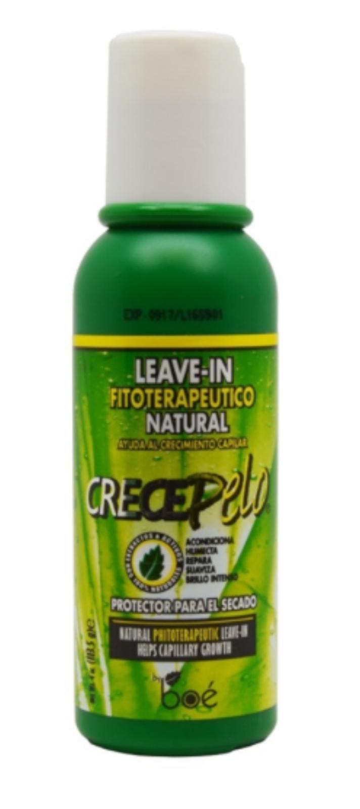 Green bottle of Creo Pelo leave-in conditioner on a white background