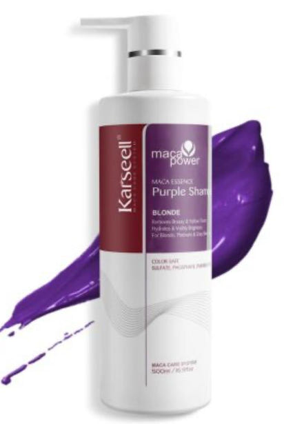 Karseell purple shampoo bottle with a purple color swatch on a white background