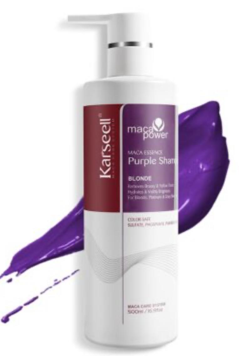 Karseell purple shampoo bottle with a purple color swatch on a white background