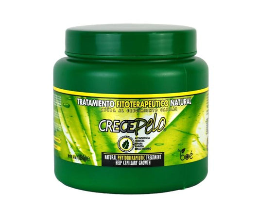 Green jar of CrecePelo hair growth treatment on a white background