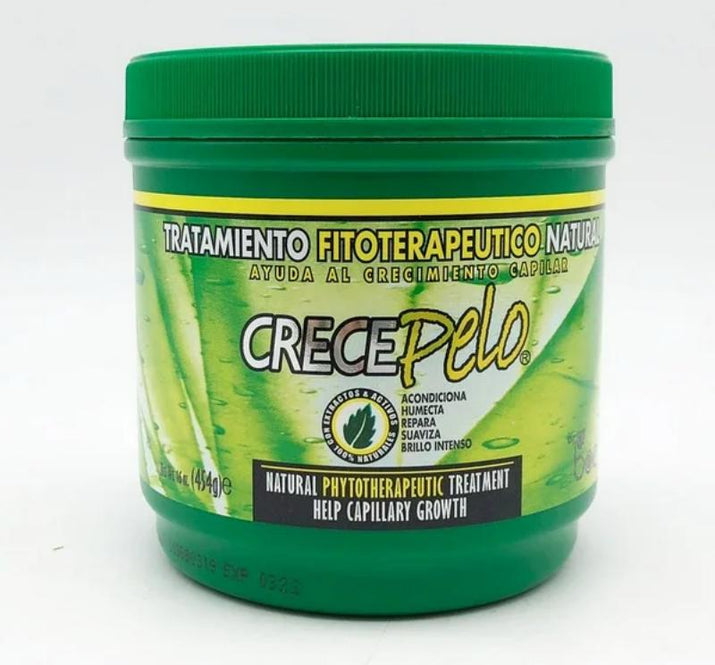 Green jar of CrecePelo hair care product on a white background