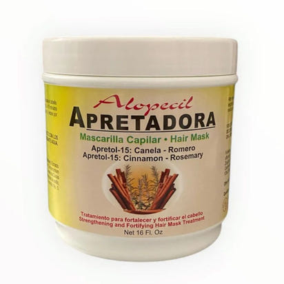 Alopecil Apretadora hair mask jar with cinnamon and rosemary ingredients on a white background