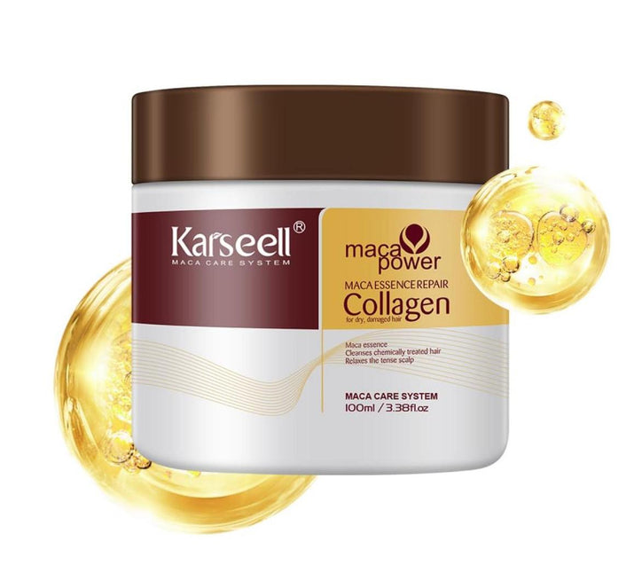 Karseell maca power collagen product jar with gold elements on a white background