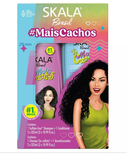 Skala Brasil hair care product packaging with shampoo and conditioner bottles and a woman with curly hair.