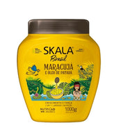 Skala Brasil hair care product jar with yellow label and brown lid on a white background