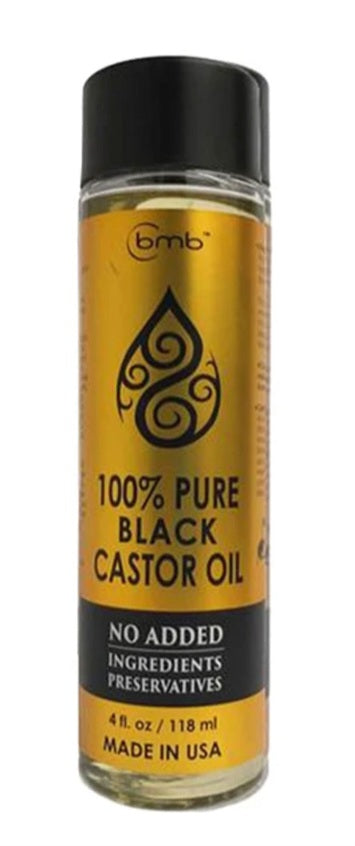 Bottle of 100% Pure Black Castor Oil with black cap and gold label on white background
