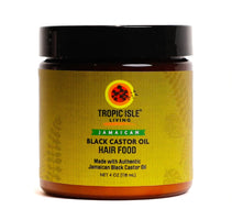 Jamaican Black Castor Oil Hair Food jar with Tropic Isle Living label on a white background