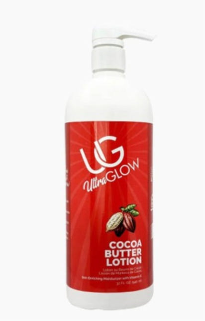UltraGlow Cocoa Butter Lotion bottle with red label on a white background
