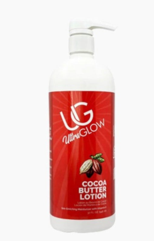 UltraGlow Cocoa Butter Lotion bottle with red label on a white background