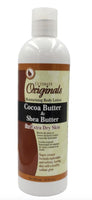 Body lotion bottle with Cocoa Butter and Shea Butter label on a white background