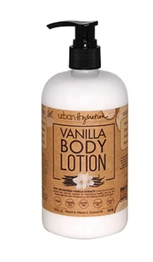 Vanilla body lotion bottle with pump on a white background