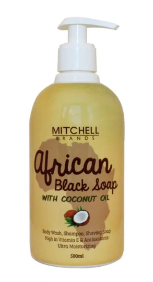 Mitchell Brands African Black Soap with Coconut Oil bottle on a white background