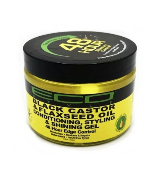 Yellow jar of Eco Styler Black Castor & Flaxseed Oil Conditioning Styling & Shining Gel on a white background