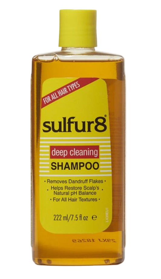 Sulfur8 shampoo bottle with yellow cap on a white background